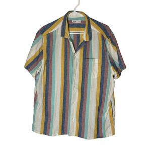 Sonoma Mens XL Striped Short Sleeve Button Down Shirt Cotton Linen Multi Color